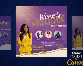 May include: Purple flyer with gold text announcing a Women's Conference on October 20th, 2022. The flyer features a photo of a woman in a yellow suit and three smaller photos of women in business attire. The text includes "With Guest Speakers" and "Elevating as a Collective".