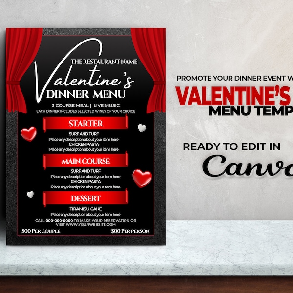 Editable Menu Template, Valentine's Day Dinner Menu, Pre-Fixe Dinner Menu, Promotional Dinner Menu, Restaurant Menu, Valentine's Day, Dinner