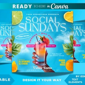 May include: A colorful flyer for a Social Sundays brunch and day party. The flyer features a tropical theme with palm leaves, a blue sky, and a cocktail. The text on the flyer reads "Social Sundays", "Brunch & Day Party", "Free Entry", "11AM-4PM", "4PM-11PM", "$100 Bottles", "500 Shots", "500 Mimosa Towers", "Hookah Food Music", "Sounds by DJ XPEREINCE DJ XTREME", and "Venue Name 123 Any Street, City St."
