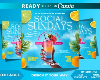 Może przedstawiać: Kolorowa ulotka na brunch i imprezę dzienną Social Sundays. Ulotka przedstawia tropikalny motyw z palmami, błękitnym niebem i koktajlem. Tekst na ulotce brzmi: "Social Sundays", "Brunch & Day Party", "Wstęp wolny", "11:00-16:00", "16:00-23:00", "100€ butelki", "500 shotów", "500 wież z mimosą", "Shisha Jedzenie Muzyka", "Sounds by DJ XPEREINCE DJ XTREME", oraz "Venue Name 123 Any Street, City St."