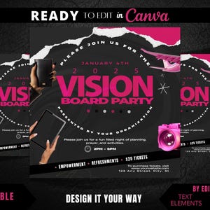 Peut inclure: Flyer noir et rose avec le texte "Vision Board Party" et "January 4th, 2025". Le flyer comprend &eacute;galement le texte "Pr&eacute;sent&eacute; par votre organisation" et "Rejoignez-nous pour une soir&eacute;e amusante de planification, de pri&egrave;re et d'activit&eacute;s. 14h00 - 18h00".