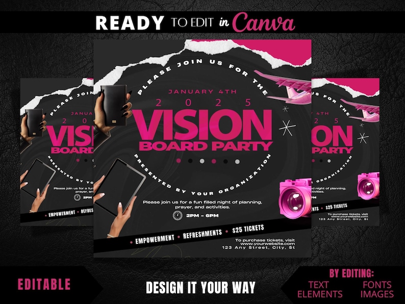 Peut inclure: Flyer noir et rose avec le texte "Vision Board Party" et "January 4th, 2025". Le flyer comprend &eacute;galement le texte "Pr&eacute;sent&eacute; par votre organisation" et "Rejoignez-nous pour une soir&eacute;e amusante de planification, de pri&egrave;re et d'activit&eacute;s. 14h00 - 18h00".
