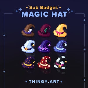 Könnte beinhalten: Neun Pixel-Art-Illustrationen von verschiedenen farbigen Zauberhüten mit verschiedenen Verzierungen, darunter Sterne, Monde und Federn. Der Text "Sub Badges MAGIC HAT" befindet sich oben im Bild, und der Text "THINGY.ART" befindet sich unten.