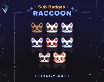 May include: A dark blue background with the words "Sub Badges" and "RACCOON" in white. The image features pixelated raccoon faces in various colors, including brown, gray, red, and blue. The website "THINGY.ART" is at the bottom.