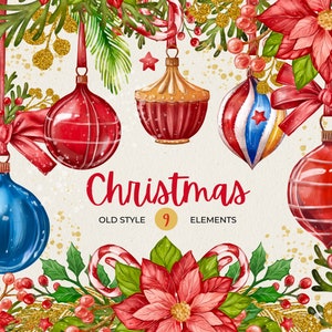 Christmas Vintage Watercolor Elements, Red Christmas Balls Toys, Poinsettia, Decor, Christmas bauble