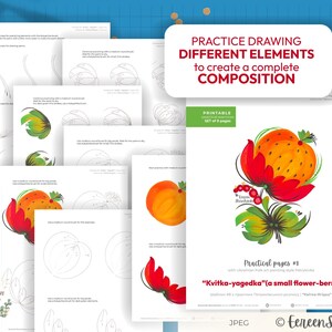 Op de afbeelding: Printbare tekenhandleiding voor het maken van een bloem-bes-illustratie. De handleiding bevat een set van 5 pagina's met stapsgewijze instructies voor het tekenen van verschillende elementen van de bloem-bes, waaronder de bloemblaadjes, bladeren en bessen. De handleiding is getiteld "Oefen het tekenen van verschillende elementen om een complete compositie te creëren" en "Kvitka-yagedka (een kleine bloem-bes)".