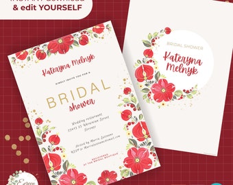 Editable Template Kateryna Printable, Bridal Shower Invitation with Petrykivka with red flowers. Ukrainian folk art invitation