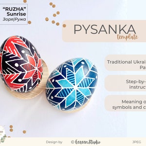 Puede incluir: Dos huevos ucranianos de pysanka, uno con un diseño geométrico rojo y negro y el otro con un diseño geométrico azul y negro. El texto "RUZHA Sunrise" está en la esquina superior izquierda de la imagen. El texto "PYSANKA template" está en la esquina superior derecha de la imagen. El texto "Traditional Ukrainian Pattern" está en el centro derecho de la imagen. El texto "Step-by-step instructions" está debajo del texto "Traditional Ukrainian Pattern". El texto "Meaning of the symbols and colors" está debajo del texto "Step-by-step instructions". El texto "Design by ©fereen Studio" está en la esquina inferior derecha de la imagen. El texto "JPEG" está en la esquina inferior derecha de la imagen.