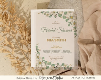 Floral Watercolor Bridal Shower Template, Brunch Invitation Template Editable, Printable Bridal Shower Brunch Invitation, Green and Gold