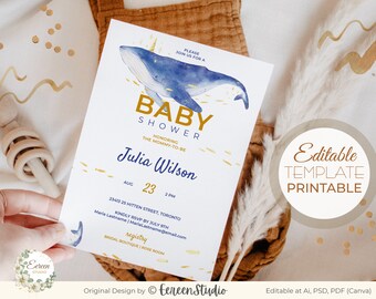 Whale Baby Shower Invitation Editable Template, Ocean Baby Shower Invite, Instant Download, Gender Neutral, Printable Invite