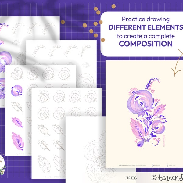 Floral Composition Practice Sheets, Drawing Elements Guide (Digital Download)