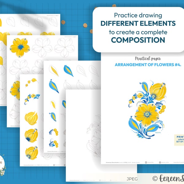 Flower Arrangement Drawing Practice Pages, Set of 7 Elements (Digital Download)
