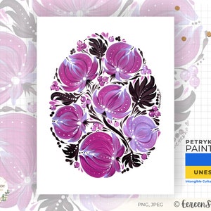 Pink Flowers Folk Art Ukrainian Petrykivka Painting Digital Download Ukrainian