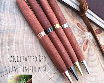 Re-claimed Wooden Ballpoint Pen made from Australian Red gum Showcasing the natural beauty of redgum Timber. Comes in Gold Chrome Black Rose