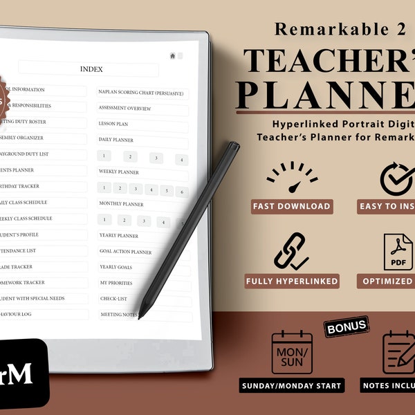 Teacher Planner for ReMarkable, Digital Planner for ReMarkable, ReMarkable 2 Planner, Teacher's Planner