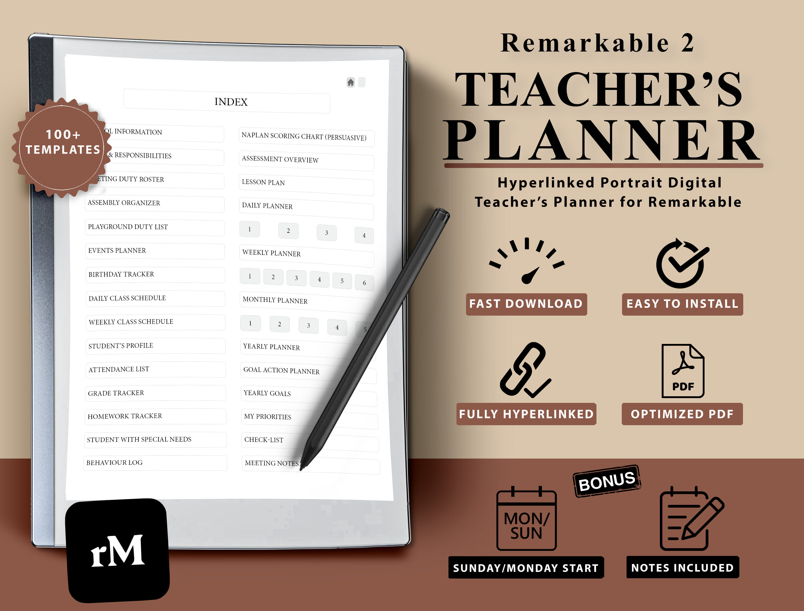 ReMarkable用教師用プランナー、ReMarkable用デジタルプランナー、ReMarkable 2プランナー、教師用プランナー