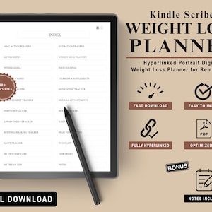 Könnte beinhalten: Ein digitaler Gewichtsverlust-Planer für den Kindle Scribe mit über 88 Vorlagen, schnellem Download, einfacher Installation und vollständig verlinkten Inhalten. Der Planer enthält eine Vielzahl von Trackern, darunter einen Ziel-Aktionsplaner, einen Hydrationstracker, einen wöchentlichen Essensplaner, ein Ernährungstagebuch, einen Medikamenten-Tracker, medizinische Termine, einen Schlaf-Tracker und vieles mehr. Der Planer enthält auch eine To-Do-Liste, eine Aufgabenübersicht und einen Notizbereich. Der Planer ist für PDF optimiert und enthält Notizen.