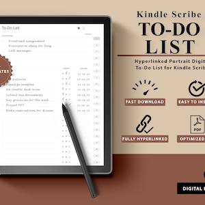 Puede incluir: Una descarga digital de una lista de tareas hipervinculada para Kindle Scribe. La imagen muestra la pantalla de una tableta que muestra una lista de tareas con un bolígrafo al lado. El texto "Kindle Scribe To-Do List" se muestra en una fuente grande en la parte superior de la imagen.