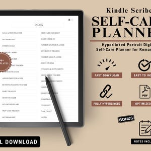 Könnte beinhalten: Ein digitaler Selbstpflegeplaner für Kindle Scribe, dargestellt auf einem Tablet mit Stift. Der Planer enthält Abschnitte für Zielsetzung, Fitness und Flüssigkeitszufuhr. Der Text enthält "Digitaler Download", "Schneller Download" und "Einfache Installation".