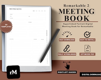 reMarkable 2 会議メモ テンプレート、デジタル会議ノートブック、reMarkable テンプレート、ハイパーリンク付き PDF、右利き/左利きモード