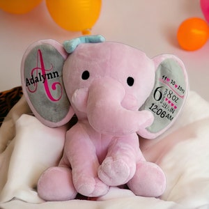 Birth Announcement Personalized Elephant Stuffed Animal, Newborn Gift, Welcome Home Baby Keepsake, Baby Shower Gift, Customized Elephant