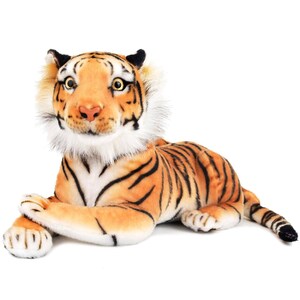 May include: A plush tiger toy in a lying position. The toy features orange fur with black stripes, a white ruff, and a detailed face with large eyes and a pink nose. The tiger's paws are white.
