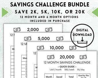Savings Challenge Bundle | 2k, 5k, 10k, 20k Savings Tracker | Money Saving Challenge | Printable
