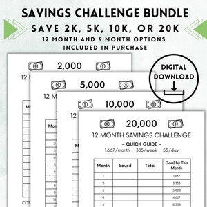 May include: A printable savings challenge bundle with four different goals: save $2,000, $5,000, $10,000, or $20,000. The bundle includes a 12-month savings challenge tracker with a quick guide for daily, weekly, and monthly savings amounts.