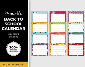May include: Printable calendar for the school year with colorful monthly designs. Each month features a different theme with illustrations. The calendar is 11 inches by 8.5 inches and includes over 200 stickers.