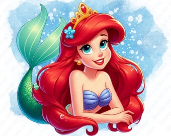 cute little mermaid clipart, princess ariel png, the little mermaid png, watercolor background, instant download