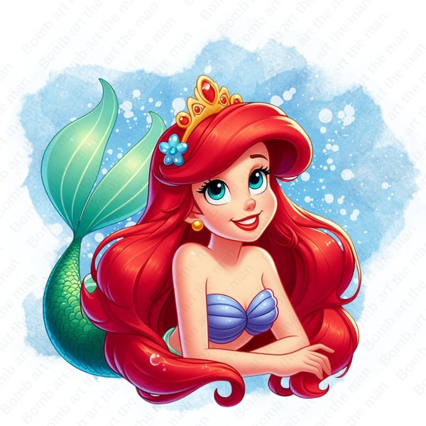 cute little mermaid clipart, princess ariel png, the little mermaid png, watercolor background, instant download