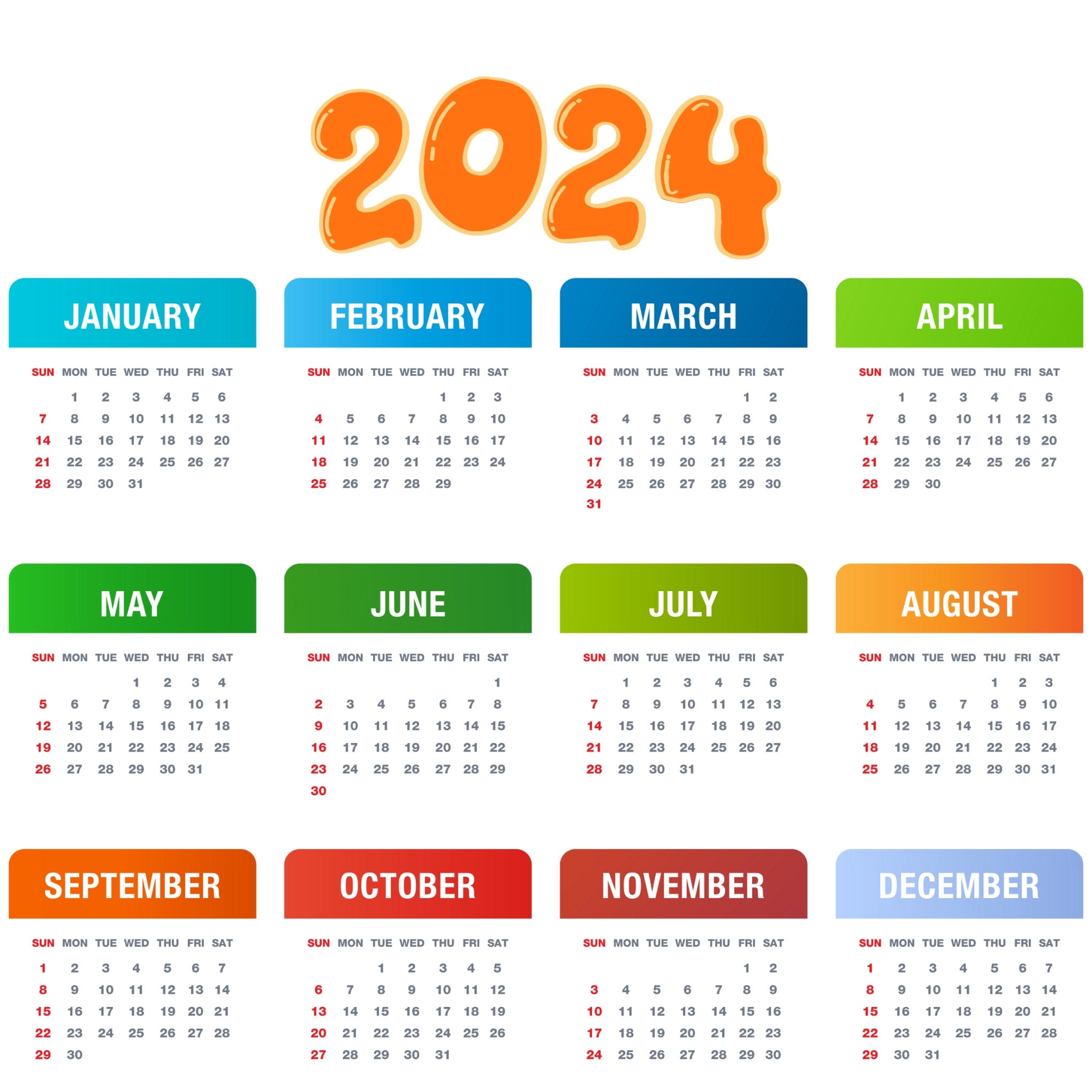 2024 Calendar, 2024 Calendar Png, Transparent Background, Colorful