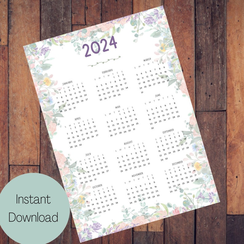 2024 Year Calendar Printable Portrait Floral Mothers Day Etsy Australia