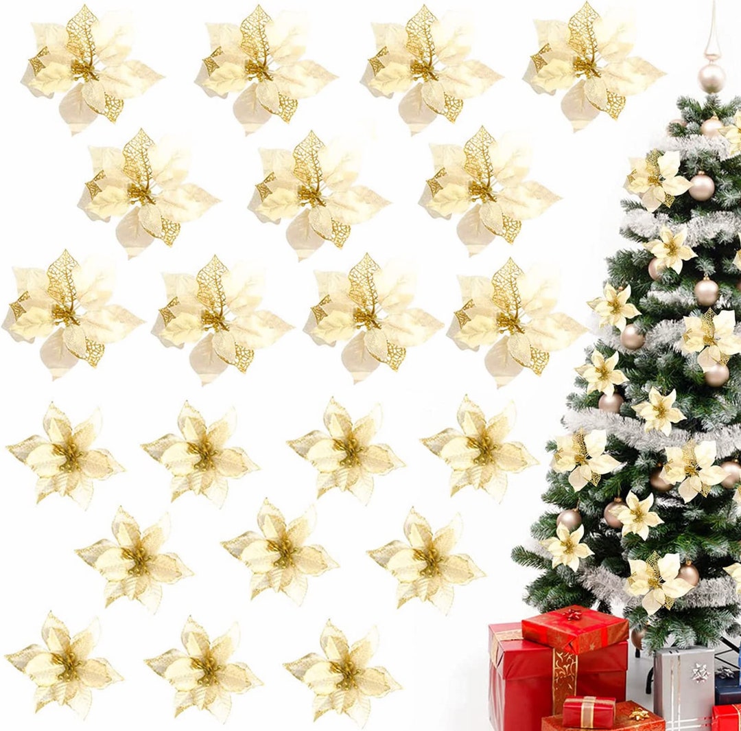 50pcs Gold Poinsettia Christmas Decorations, Christmas Tree Flowers Artificial for Decoration