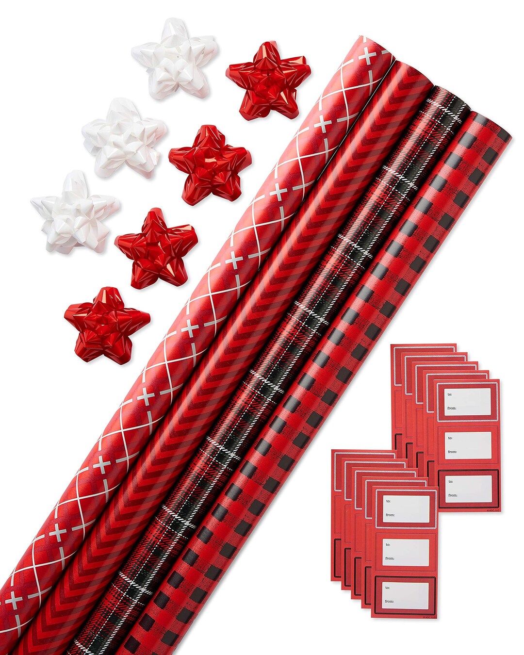 Wrapping Paper Kit 4 Red Patterned Rolls With Gridlines, 7 Bows and 30