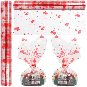 Cellophane Wrap Roll Hearts Design | 100’ Ft. Long X 16” in. Wide | 2.3 Mil Thick Crystal Clear with Red Hearts | Gifts, Baskets, Treats