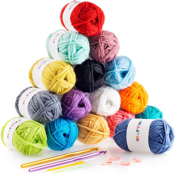 Сrochet Kit 16x20g Acrylic Yarn Skeins With 2 Hooks, 2 Weaving