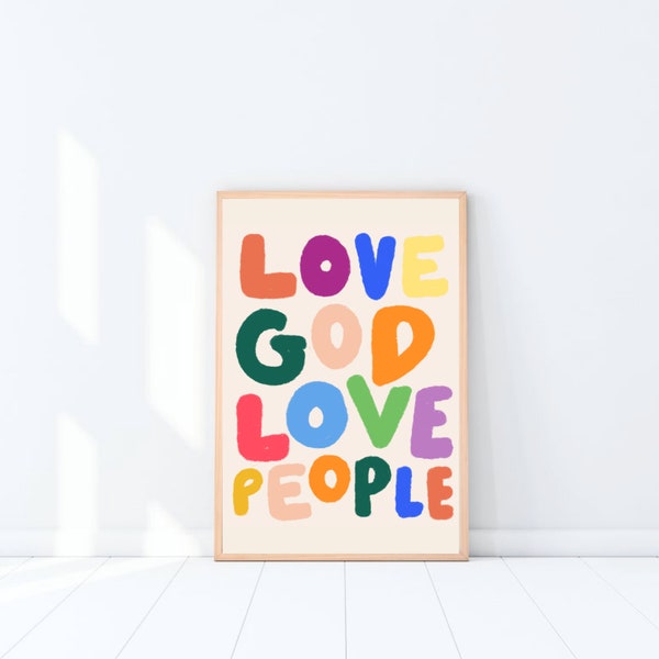 christian wall art, love God love people print, printable bible verse art, colorful abstract quote digital download