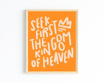 faith quote printable, seek first the kingdom of heaven, Modern Christian art, Matthew 6:33 print, Bible verse wall art