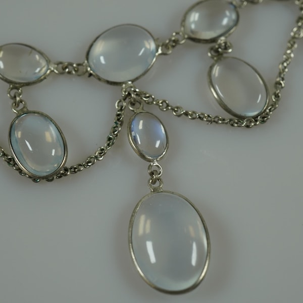 Antique Edwardian Sterling blue hue Moonstone Festoon Necklace RARE