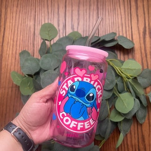 Glass Cup/16 oz Cup/UV DTF Wrap Cup/ Iced Coffee/ Vasos de Vidrio/ Vasos Personalizados/Lilo and Stitch/ Jelly color cup/ pink cup