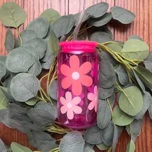 Pink Glass Cup/16 oz Cup/UV DTF Wrap Cup/ Glass Cup/ Vasos de Vidrio/ Vasos Personalizados/Retro Flowets/ Jelly color cup/ pink cup