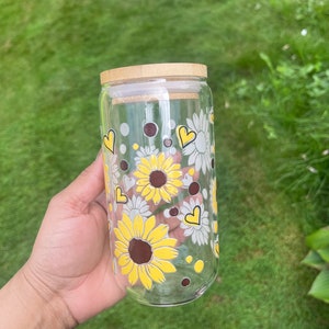 Glass Cup/16 oz Cup/UV DTF Wrap Cup/ Iced Coffee/ Subflowers/ Vasos de Vidrio/ Vasos Personalizados