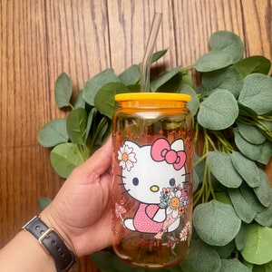 Glass Cup/16 oz Cup/UV DTF Wrap Cup/ Iced Coffee/ Vasos de Vidrio/ Vasos Personalizados/Hello Kitty/ Jelly color cup/ yellow cup