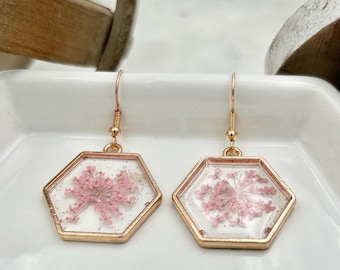 Pink Flower Earring Resin Jewelry Botanical Accessory Nature Inspired Elegant Design Hexagon Frame Gold Dangle Hypoallergenic Hook Queen