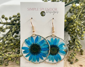 Cobalt blue daisy earrings artisan floral resin earrings dangle resin leaf earrings resin hoop flower aesthetic earrings gift for her friend
