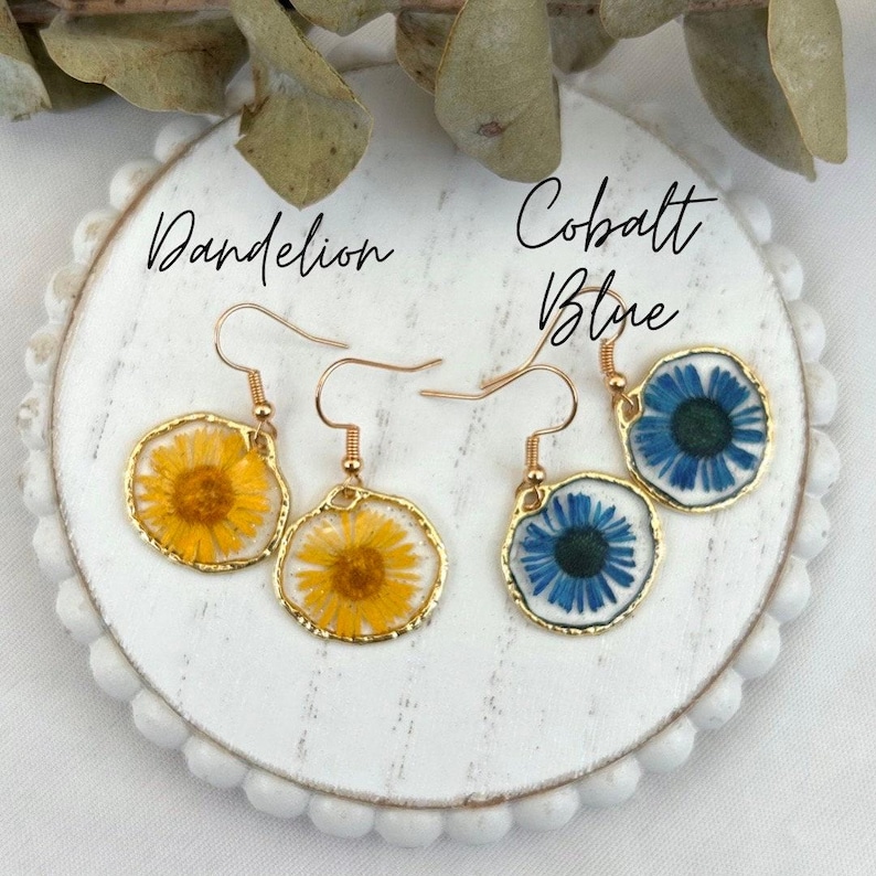 Nature Inspired Earrings Pressed Flower Design Resin Jewelry Handmade Gold Rim Botanical Accessory Lightweight Dangle Earrings Real Dried Flowers Chrysanthemum Dandelion Preserved Hypoallergenic Hooks Nickel Free Unique Gift Idea Perfect