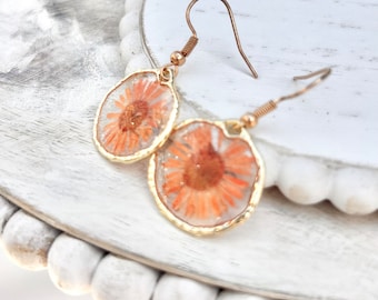 Orange Sherbet Chrysanthemum Pressed Flower Resin Earrings: Hypoallergenic
