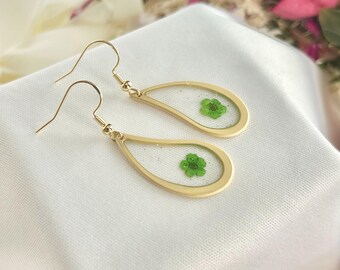 Trendy Bright Green Forget Me Not Floral Earring in Matte Gold Teardrop and 14k Gold Hook Dangle Earring Flower Jewelry Gift for Her Minimal