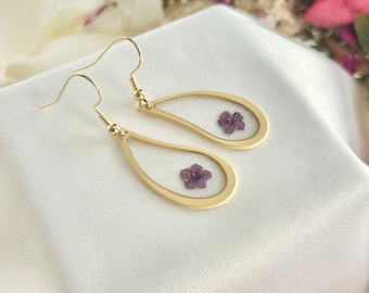 Purple Flower Earring Teardrop Design Resin Jewelry Statement Piece Handmade Botanical Inspiration Nature Lover Unique Gift For Her Romantic